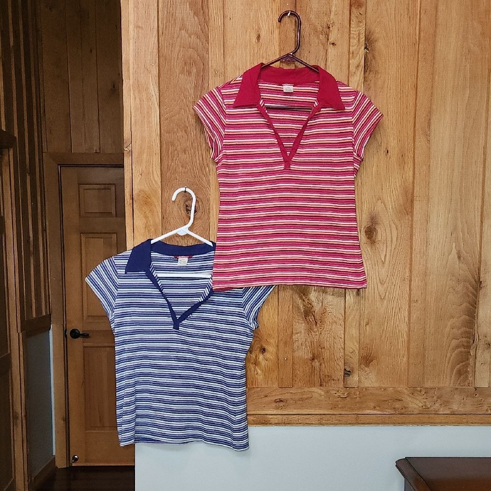 UnionBay V-neck Cap Sleeve 2 Shirts Bundle, Junior Large Hot Pink & Blue Stripes